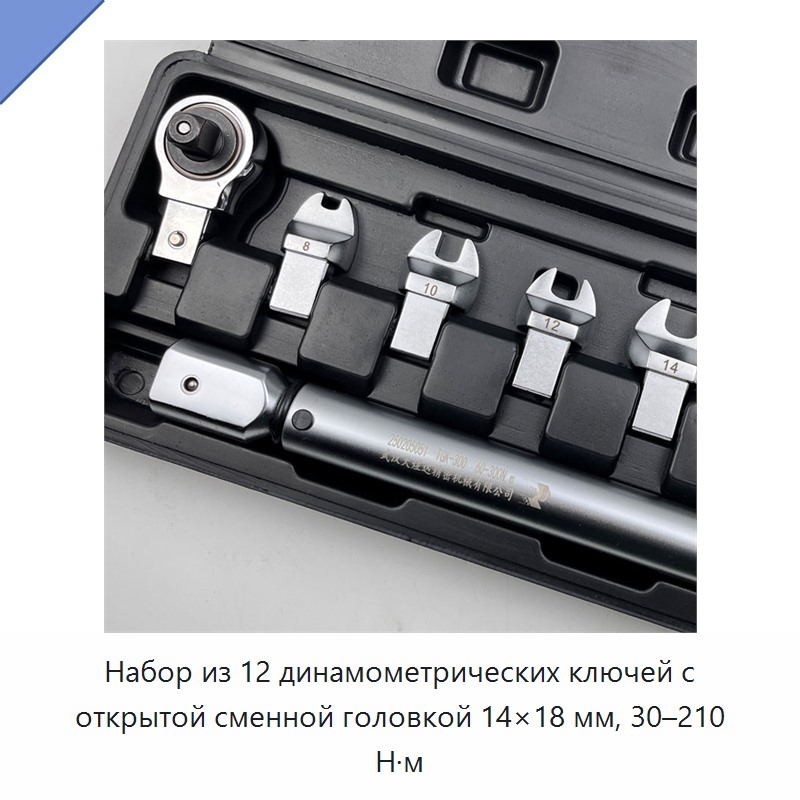 Набор из 12 предметов: динамометрический ключ 30–210 Н·м со сменными рожковыми насадками 14×18 мм