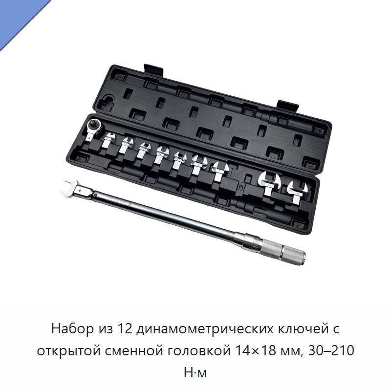 Набор из 12 предметов: динамометрический ключ 30–210 Н·м со сменными рожковыми насадками 14×18 мм