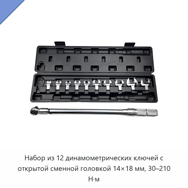 Набор из 12 предметов: динамометрический ключ 30–210 Н·м со сменными рожковыми насадками 14×18 мм