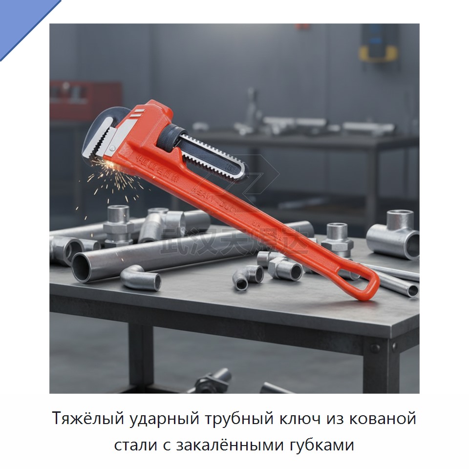 Тяжёлый ударный трубный ключ из кованой стали с закалёнными губками