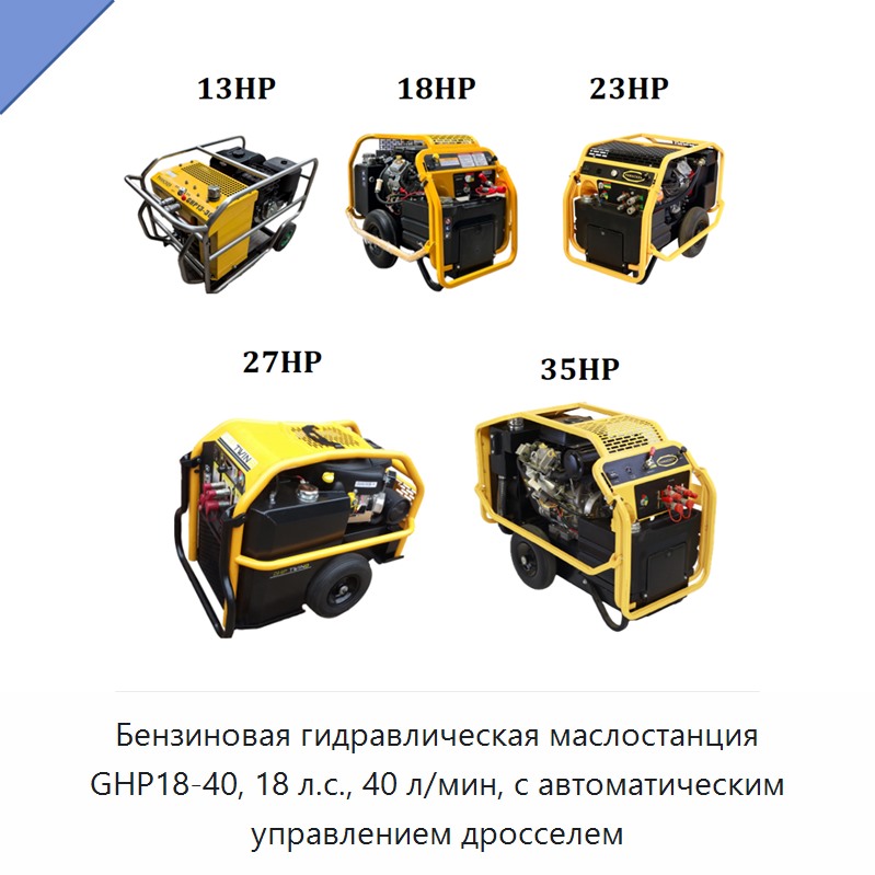 Бензиновая гидравлическая силовая установка 18 л.с. с расходом 40 л/мин и системой автоматического управления дросселем