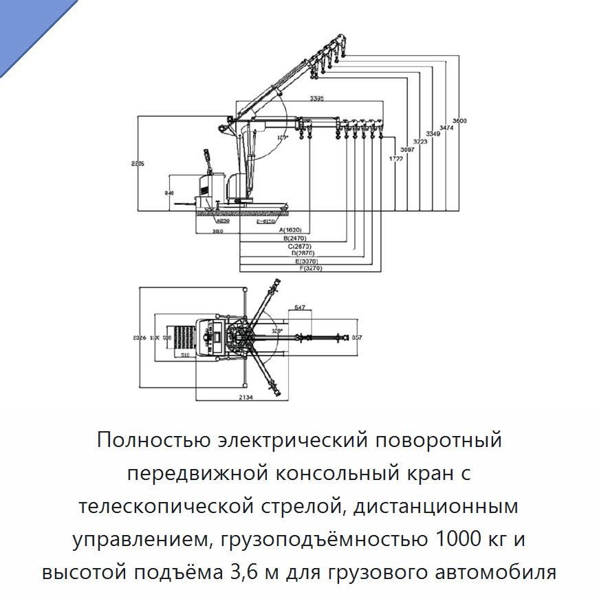 Полнoстью электрический поворотный передвижной консольный кран с телескопической стрелой, дистанционным управлением, грузоподъёмностью 1000 кг и высотой подъёма 3,6 м для грузового автомобиля