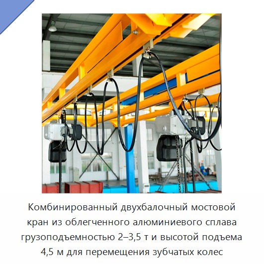 Комбинированный двухбалочный мостовой кран из облегченного алюминиевого сплава грузоподъемностью 2–3,5 т и высотой подъема 4,5 м для перемещения зубчатых колес