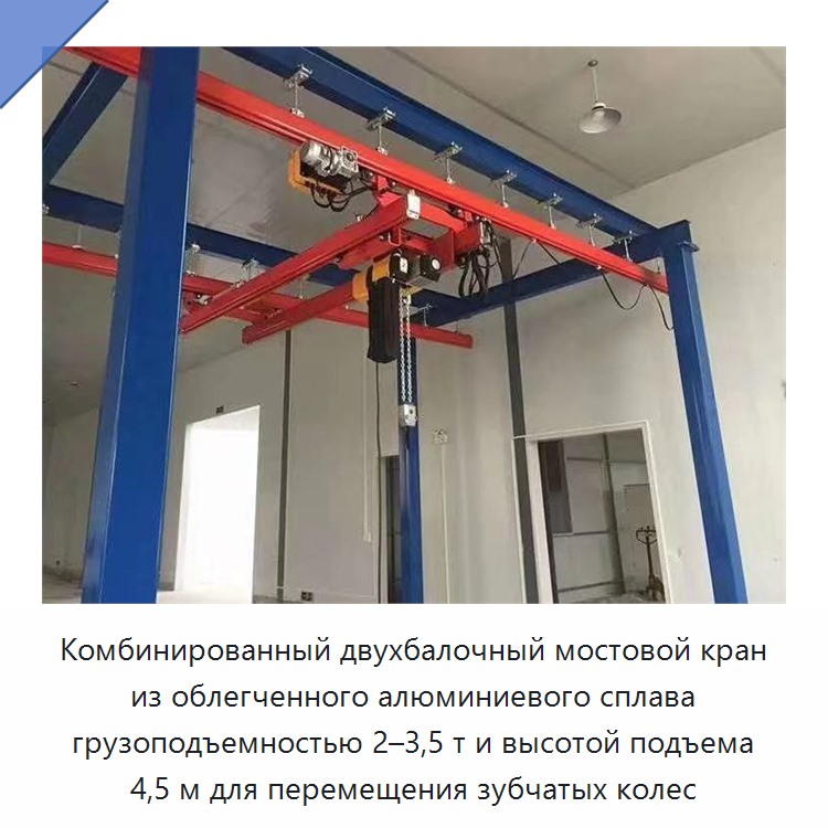 Комбинированный двухбалочный мостовой кран из облегченного алюминиевого сплава грузоподъемностью 2–3,5 т и высотой подъема 4,5 м для перемещения зубчатых колес