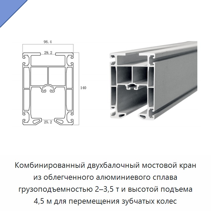Комбинированный двухбалочный мостовой кран из облегченного алюминиевого сплава грузоподъемностью 2–3,5 т и высотой подъема 4,5 м для перемещения зубчатых колес