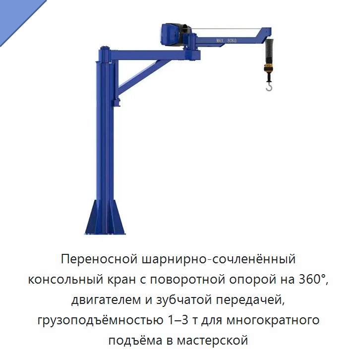 Переносной шарнирно-сочленённый консольный кран с поворотной опорой на 360°, двигателем и зубчатой передачей, грузоподъёмностью 1–3 т для многократного подъёма в мастерской — Консольные краны