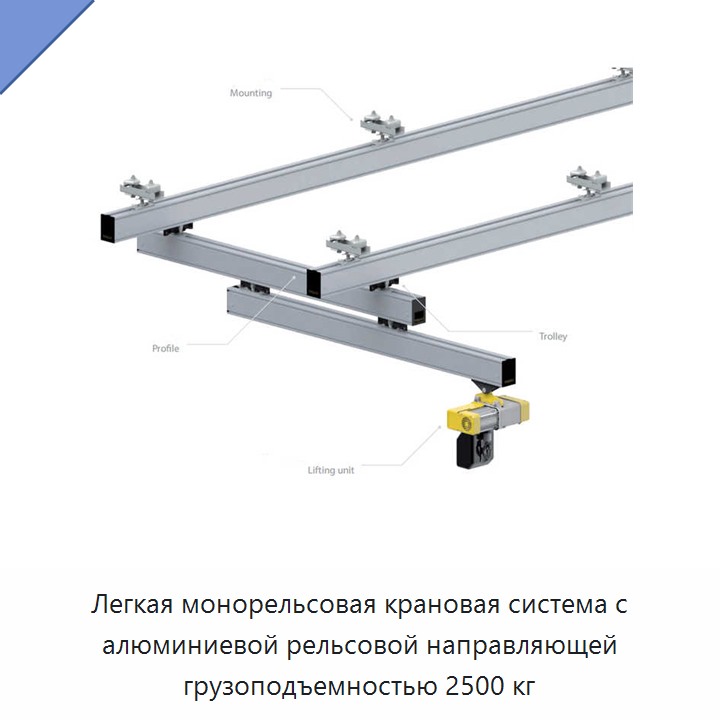 Легкая монорельсовая крановая система с алюминиевой рельсовой направляющей грузоподъемностью 2500 кг