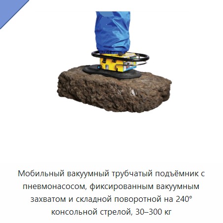 Мобильный вакуумный трубчатый подъёмник с пневмонасосом, фиксированным вакуумным захватом и складной поворотной на 240° консольной стрелой, 30–300 кг