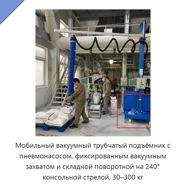 Мобильный вакуумный трубчатый подъёмник с пневмонасосом, фиксированным вакуумным захватом и складной поворотной на 240° консольной стрелой, 30–300 кг