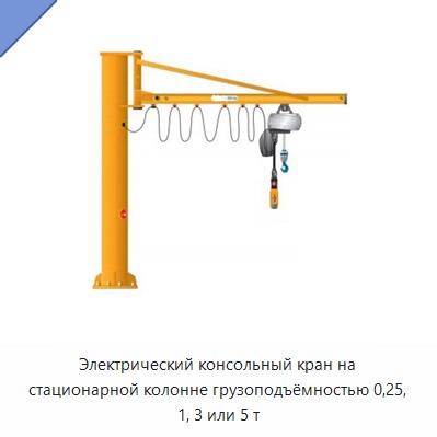 Электрический консольный кран на стационарной колонне грузоподъёмностью 0,25, 1, 3 или 5 т