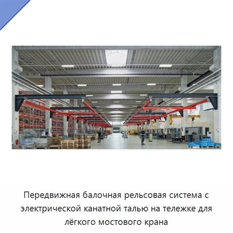 Передвижная балочная рельсовая система с электрической канатной талью на тележке для лёгкого мостового крана