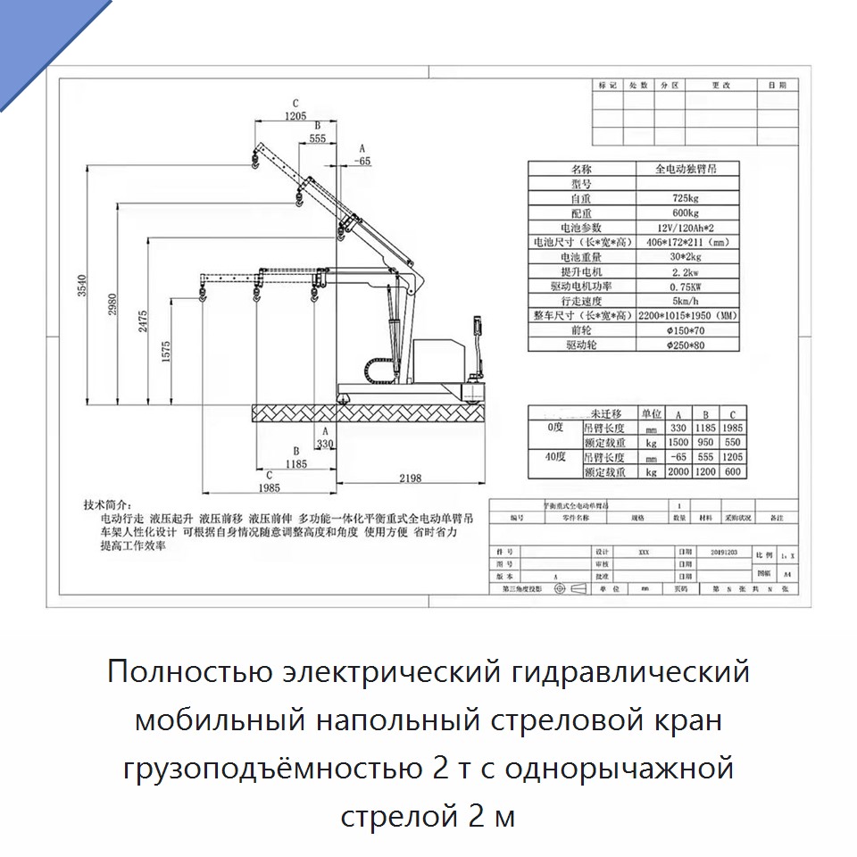 Полностью электрический гидравлический мобильный напольный стреловой кран грузоподъёмностью 2 т с однорычажной стрелой 2 м