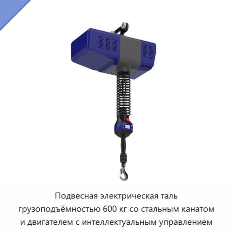 Подвесная электрическая таль грузоподъёмностью 600 кг со стальным канатом и двигателем с интеллектуальным управлением