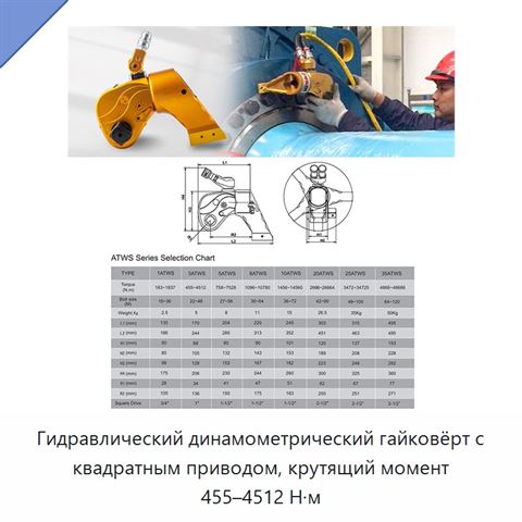 Гидравлический динамометрический гайковёрт с квадратным приводом, крутящий момент 455–4512 Н·м
