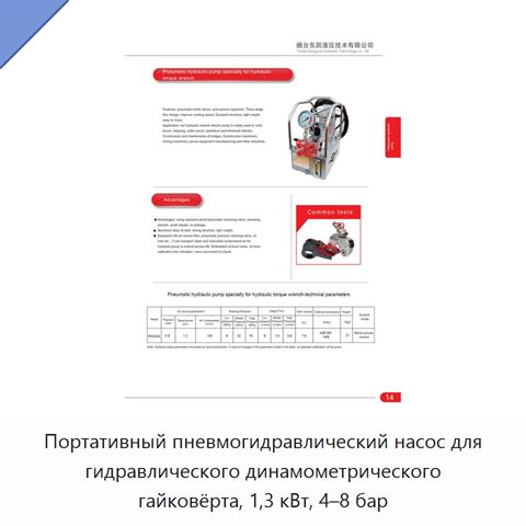 Портативный пневмогидравлический насос для гидравлического динамометрического гайковёрта, 1,3 кВт, 4–8 бар