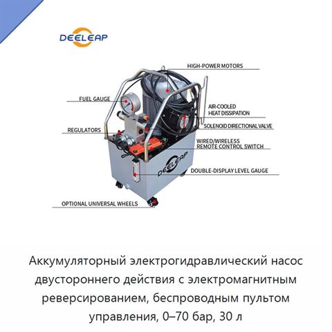 Аккумуляторный электрогидравлический насос двустороннего действия с электромагнитным реверсированием, беспроводным пультом управления, 0–70 бар, 30 л