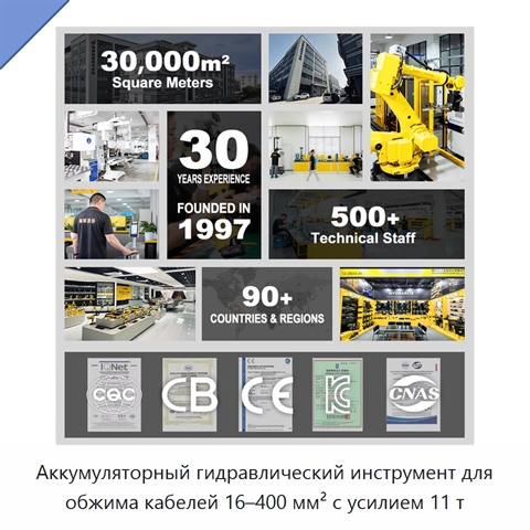Аккумуляторный гидравлический инструмент для обжима кабелей 16–400 мм² с усилием 11 т