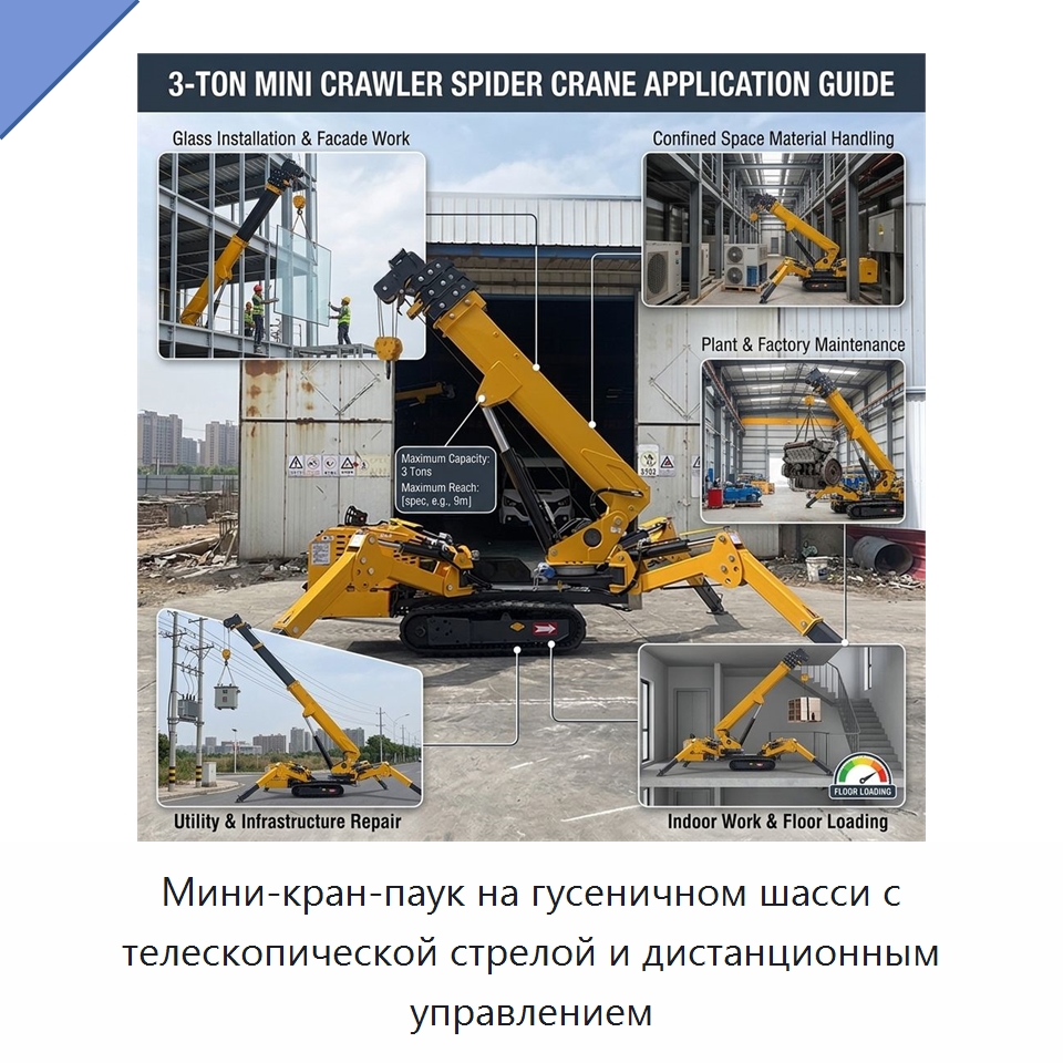 Мини-кран-паук на гусеничном шасси с телескопической стрелой и дистанционным управлением — Краны