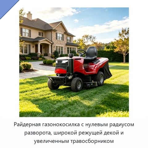 Райдерная газонокосилка с нулевым радиусом разворота, широкой режущей декой и увеличенным травосборником