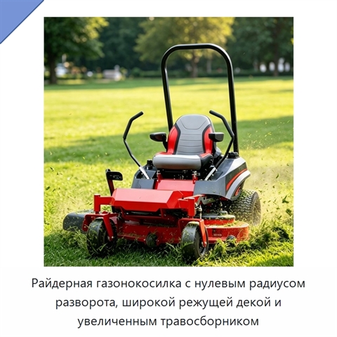 Райдерная газонокосилка с нулевым радиусом разворота, широкой режущей декой и увеличенным травосборником