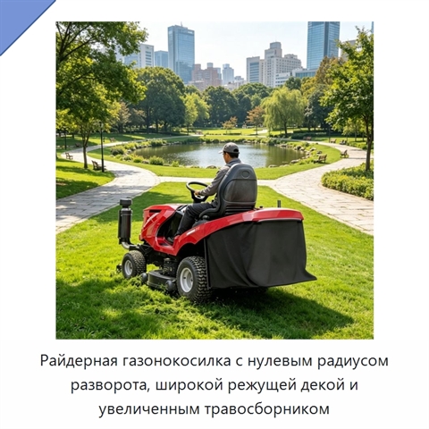 Райдерная газонокосилка с нулевым радиусом разворота, широкой режущей декой и увеличенным травосборником