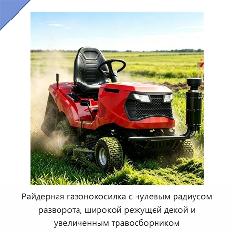 Райдерная газонокосилка с нулевым радиусом разворота, широкой режущей декой и увеличенным травосборником