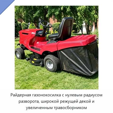 Райдерная газонокосилка с нулевым радиусом разворота, широкой режущей декой и увеличенным травосборником
