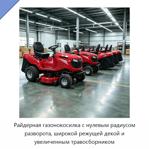 Райдерная газонокосилка с нулевым радиусом разворота, широкой режущей декой и увеличенным травосборником