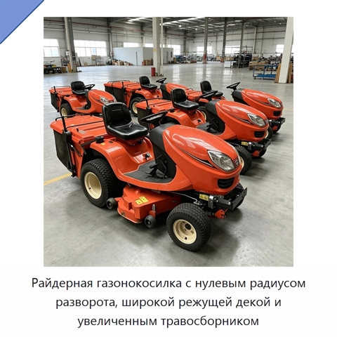 Райдерная газонокосилка с нулевым радиусом разворота, широкой режущей декой и увеличенным травосборником
