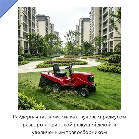 Райдерная газонокосилка с нулевым радиусом разворота, широкой режущей декой и увеличенным травосборником