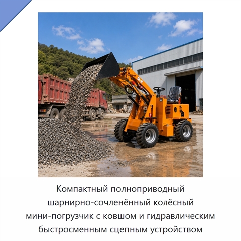 Компактный полноприводный шарнирно-сочленённый колёсный мини-погрузчик с ковшом и гидравлическим быстросменным сцепным устройством