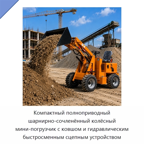 Компактный полноприводный шарнирно-сочленённый колёсный мини-погрузчик с ковшом и гидравлическим быстросменным сцепным устройством