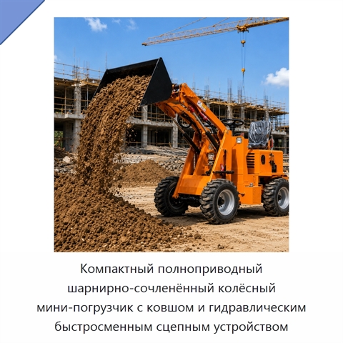 Компактный полноприводный шарнирно-сочленённый колёсный мини-погрузчик с ковшом и гидравлическим быстросменным сцепным устройством