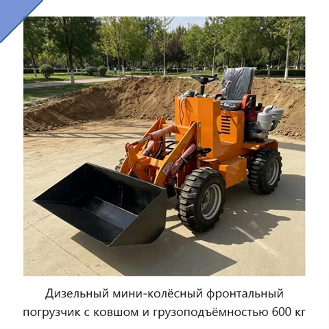 Дизельный мини-колёсный фронтальный погрузчик с ковшом и грузоподъёмностью 600 кг