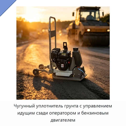 Чугунный уплотнитель грунта с управлением идущим сзади оператором и бензиновым двигателем