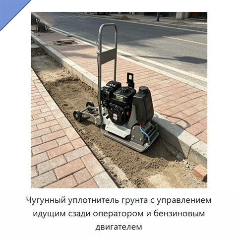 Чугунный уплотнитель грунта с управлением идущим сзади оператором и бензиновым двигателем