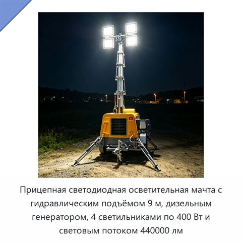 Прицепная светодиодная осветительная мачта с гидравлическим подъёмом 9 м, дизельным генератором, 4 светильниками по 400 Вт и световым потоком 440000 лм