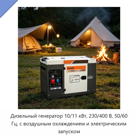 Дизельный генератор 10/11 кВт, 230/400 В, 50/60 Гц, с воздушным охлаждением и электрическим запуском