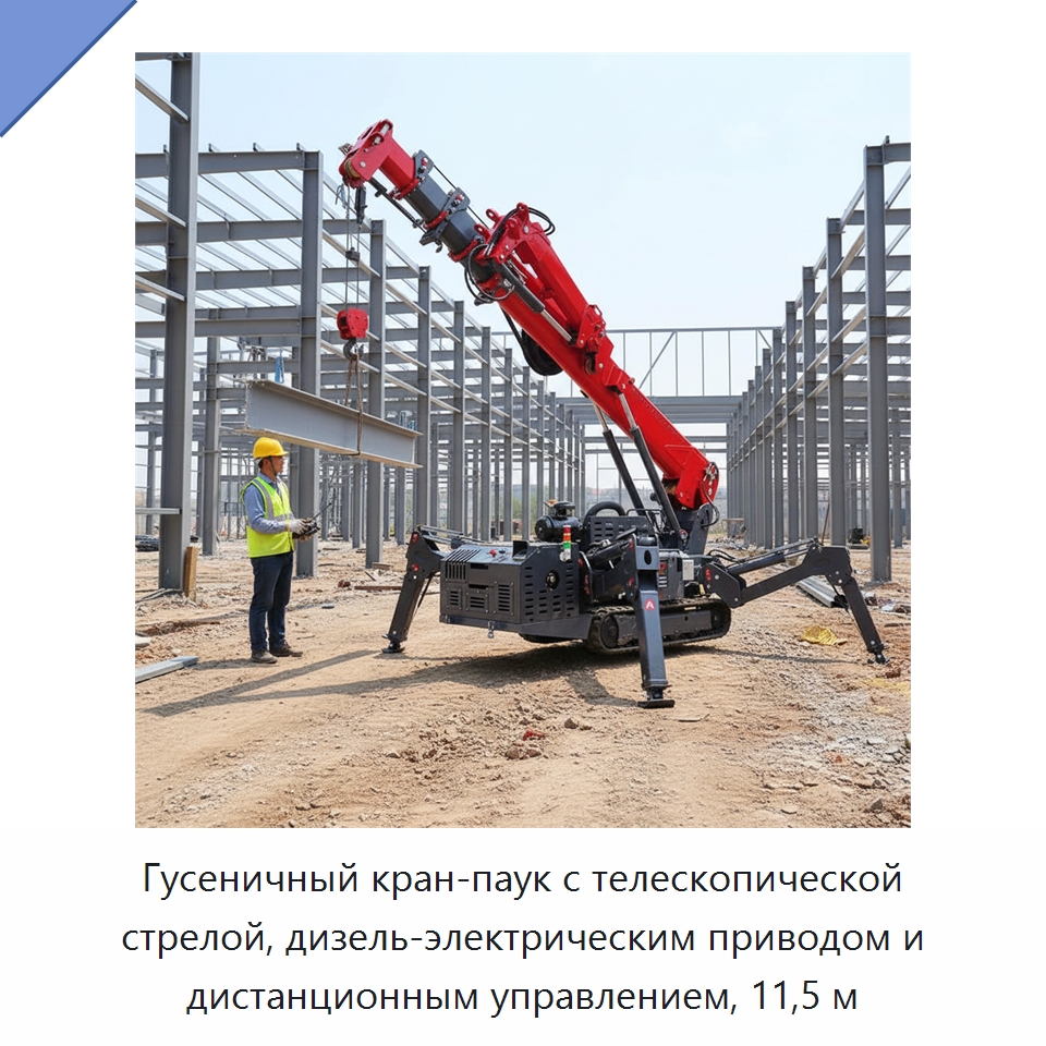Гусеничный кран-паук с телескопической стрелой, дизель-электрическим приводом и дистанционным управлением, 11,5 м — Краны