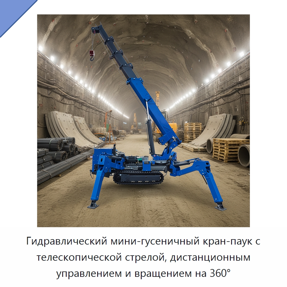 Гидравлический мини-гусеничный кран-паук с телескопической стрелой, дистанционным управлением и вращением на 360° — Краны