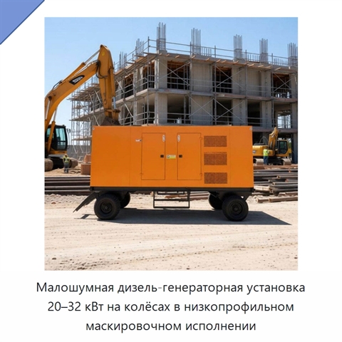 Малошумная дизель-генераторная установка 20–32 кВт на колёсах в низкопрофильном маскировочном исполнении