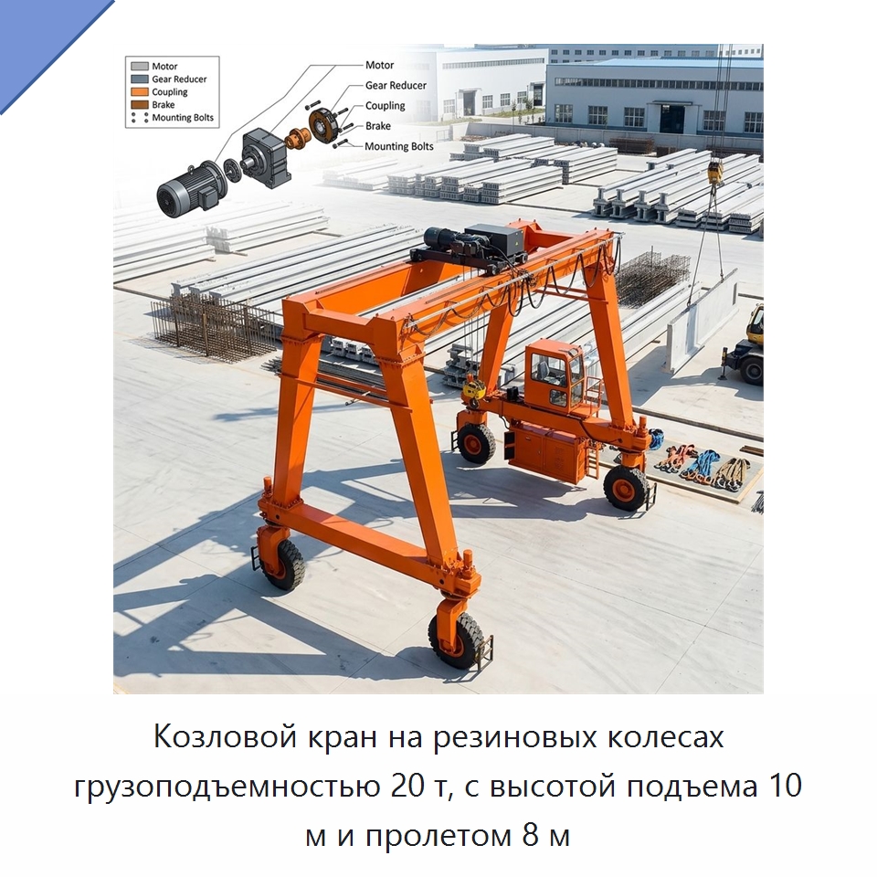 Козловой кран на резиновых колесах грузоподъемностью 20 т, с высотой подъема 10 м и пролетом 8 м — Краны