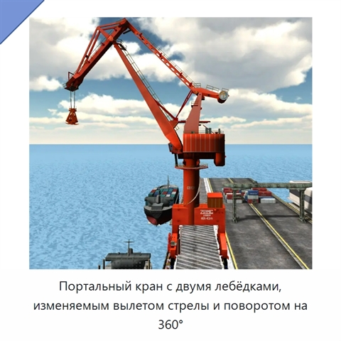 Портальный кран с двумя лебёдками, изменяемым вылетом стрелы и поворотом на 360°