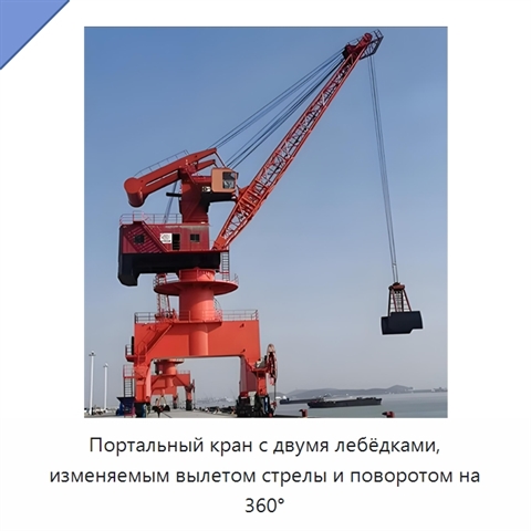 Портальный кран с двумя лебёдками, изменяемым вылетом стрелы и поворотом на 360°