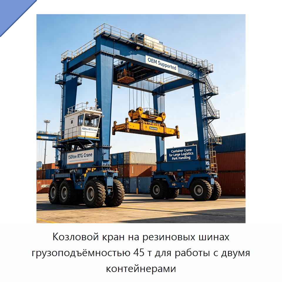 Козловой кран на резиновых шинах грузоподъёмностью 45 т для работы с двумя контейнерами — Краны