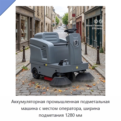 Аккумуляторная промышленная подметальная машина с местом оператора, ширина подметания 1280 мм