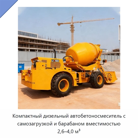 Компактный дизельный автобетоносмеситель с самозагрузкой и барабаном вместимостью 2,6–4,0 м³