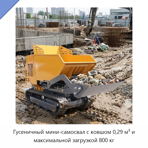 Гусеничный мини-самосвал с ковшом 0,29 м³ и максимальной загрузкой 800 кг