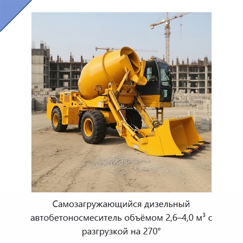 Самозагружающийся дизельный автобетоносмеситель объёмом 2,6–4,0 м³ с разгрузкой на 270°