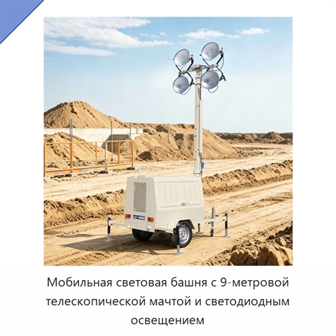 Мобильная световая башня с 9-метровой телескопической мачтой и светодиодным освещением